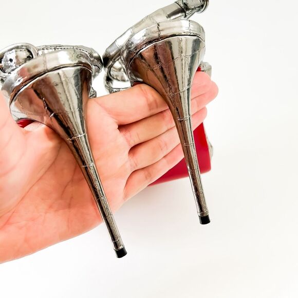 Christian Louboutin Cleissimo Leather Silver Sandals Heels Size 37, 7 - Picture 8 of 10